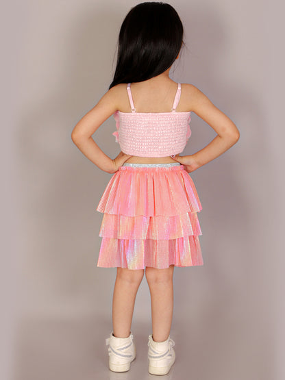 Paris Nights Girls Pink 3D Flower Party  Crop Top and skirt Set
