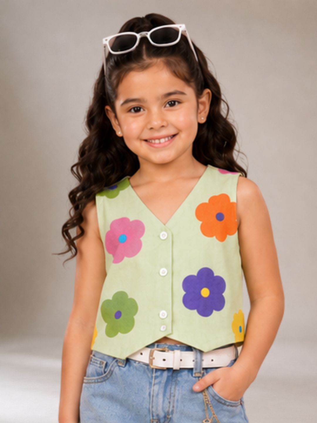 Petal Play Girls Floral Green Top