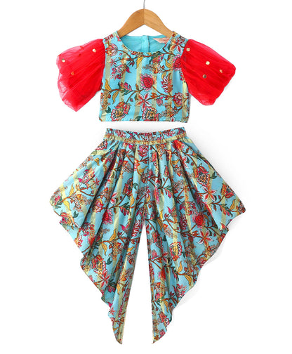 Golden Weaves  Blue Crop Top with Dhoti Girls Co-ordinate set