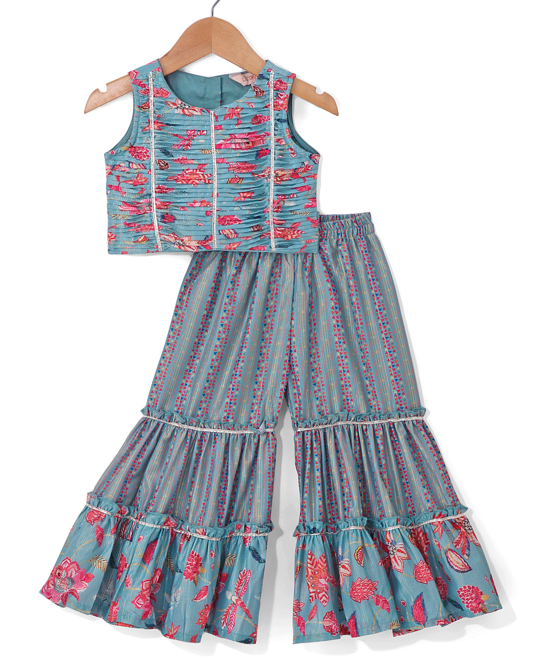 Golden Weaves Blue Crop Top with Palazzo Girls Co-ordinate set