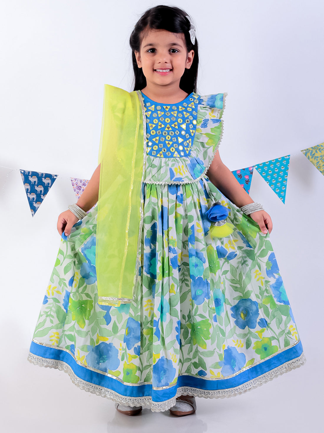 Jaipur Girls Green Cotton Lehanga and Choli with Dupata Ethnic Set