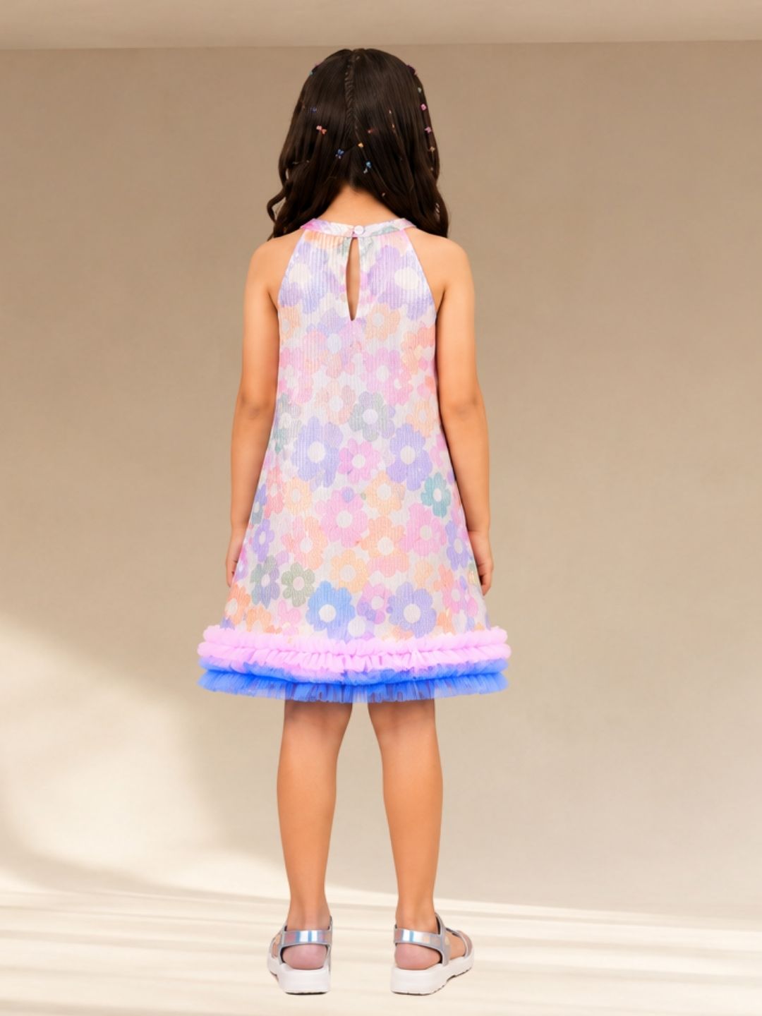 Rainbow Girls Multi Color Flower Pleating Party Dress