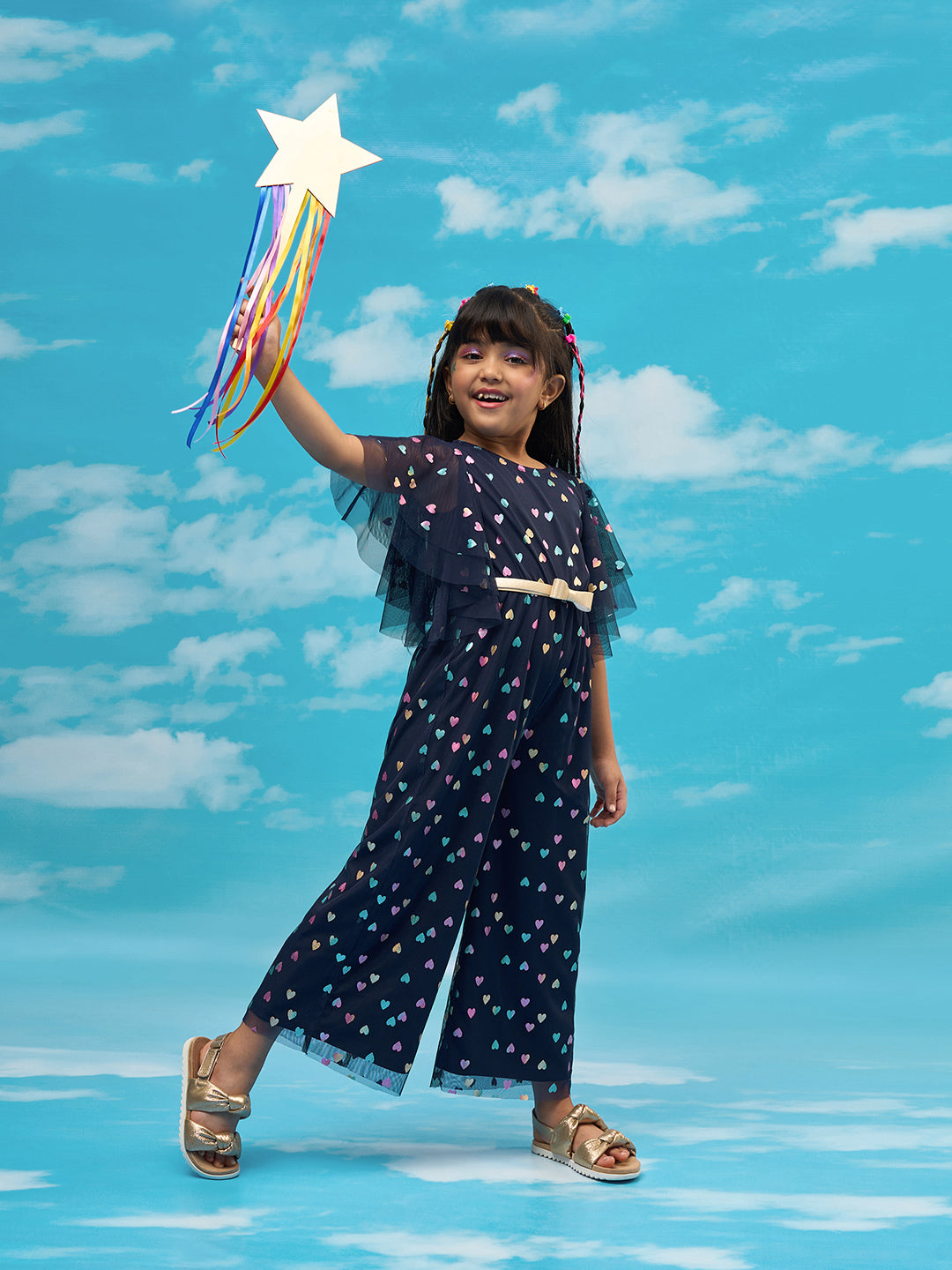 Rainbow Girls Multi Color Heart Print Party Jumpsuit