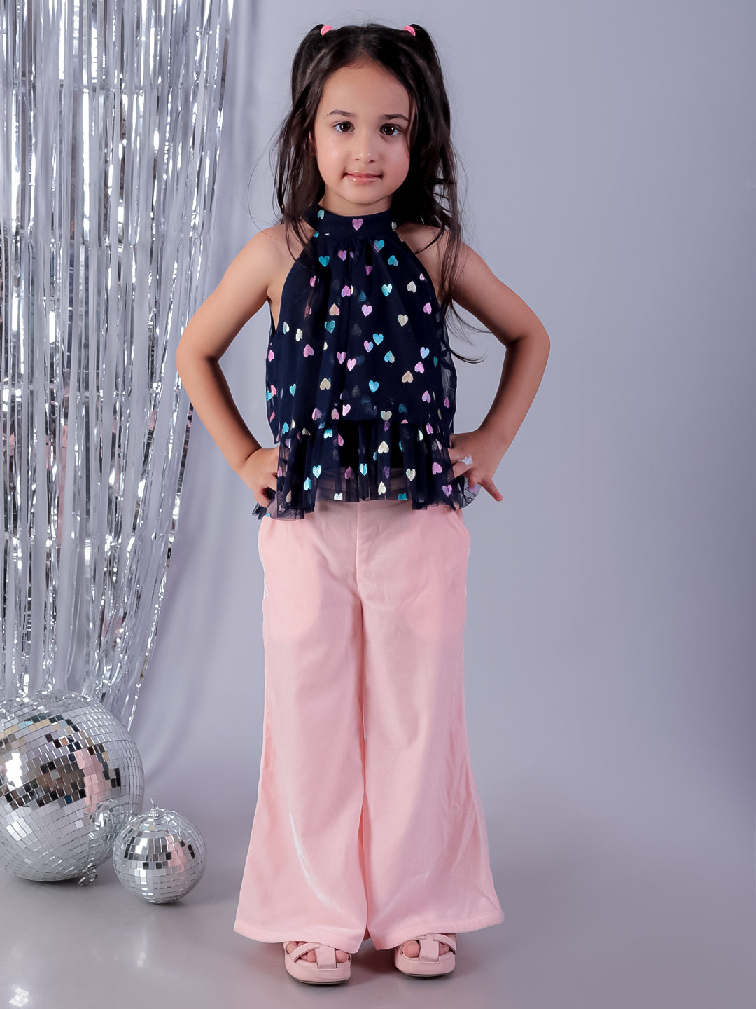 Glam Up Girls Multi Color Heart Print Top with Pink Pant Party Co-ordinate Set