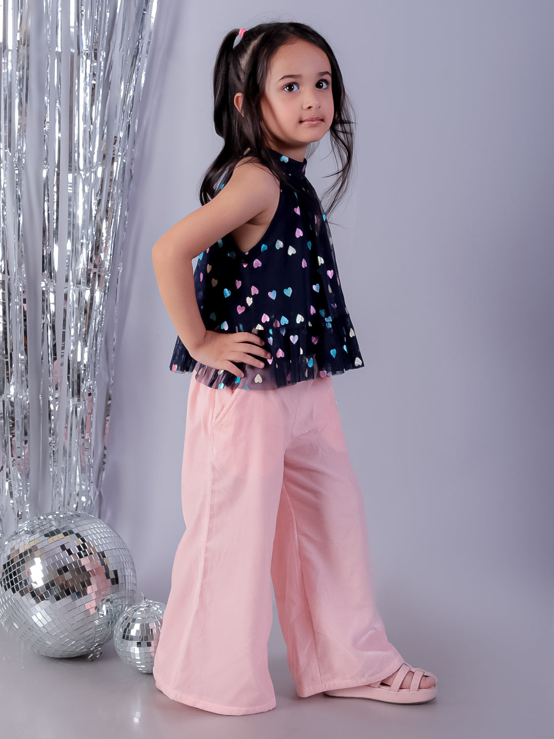 Glam Up Girls Multi Color Heart Print Top with Pink Pant Party Co-ordinate Set