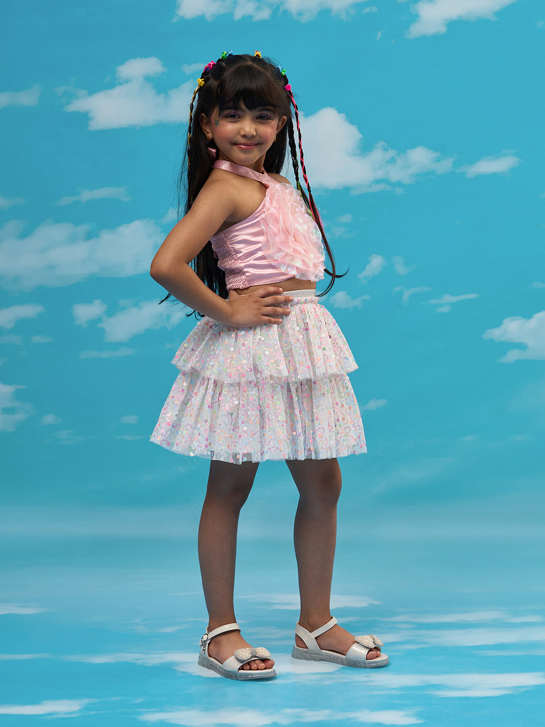 Rainbow Girls Pink 3D Flower Top And Skirt Party Co-ordinate Set