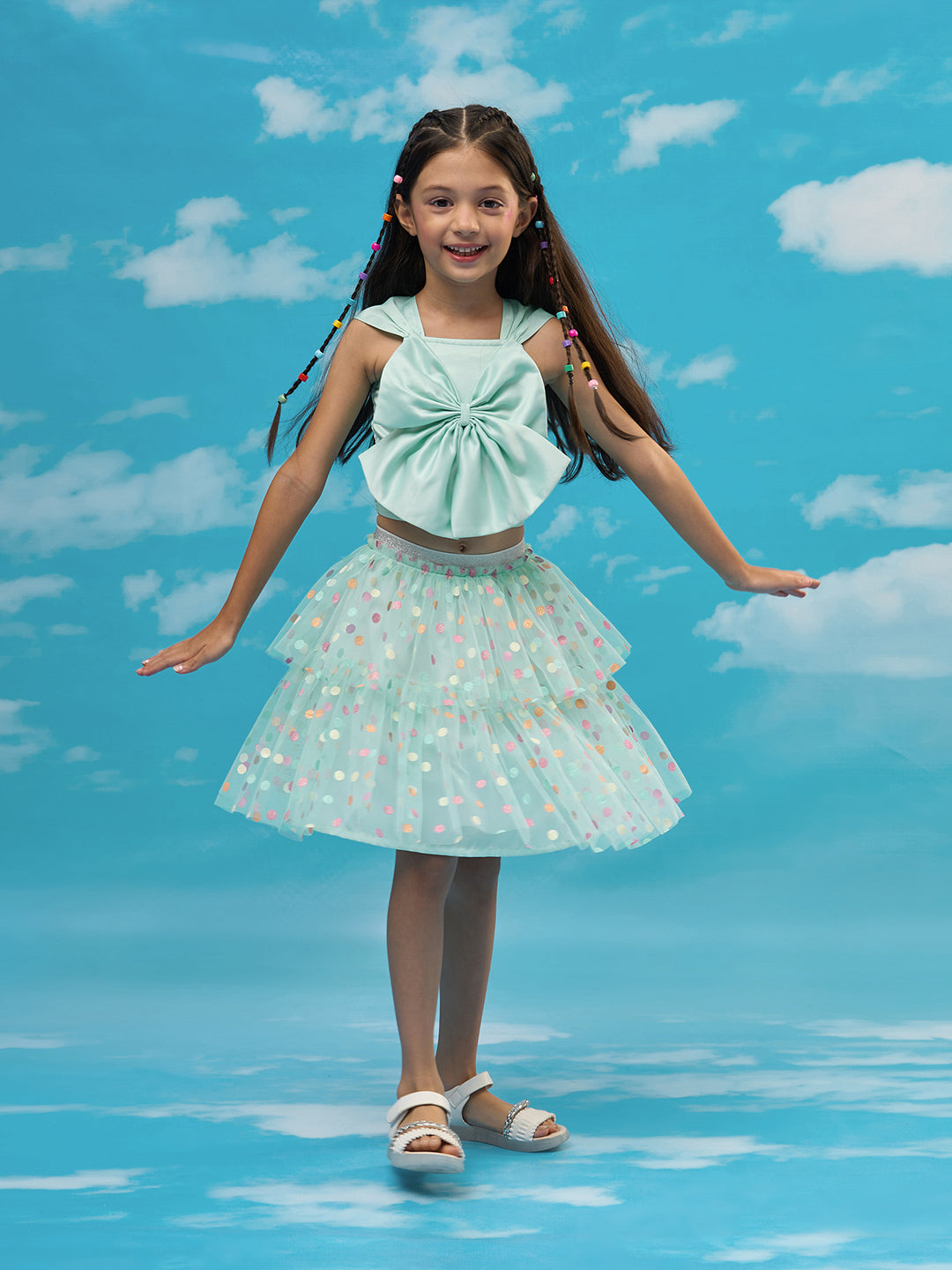 Rainbow Girls Green Stylish Top with Skirt Party Co-ordinate Set