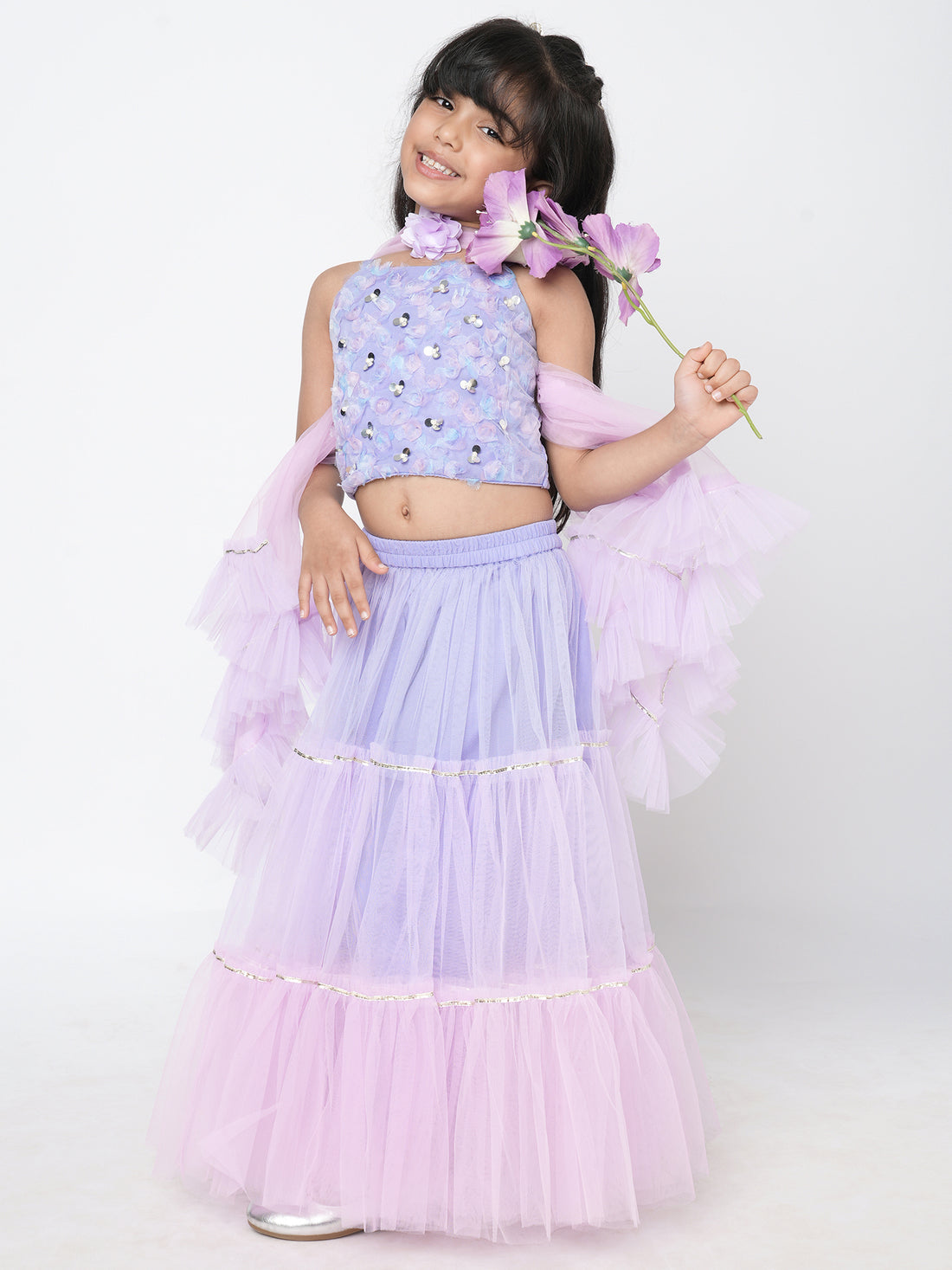 Girls embroidered choli with shaded ghaghra & dupatta set