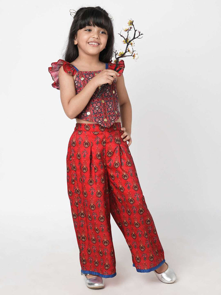 Ethnic Twist Girls Red Print Box Pleat Pant with Top Co-ordinate Set