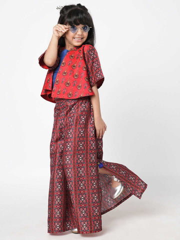Ethnic Twist Girls Red  Print Flared Palazzo with Top and Jacket Co-ordinate Set