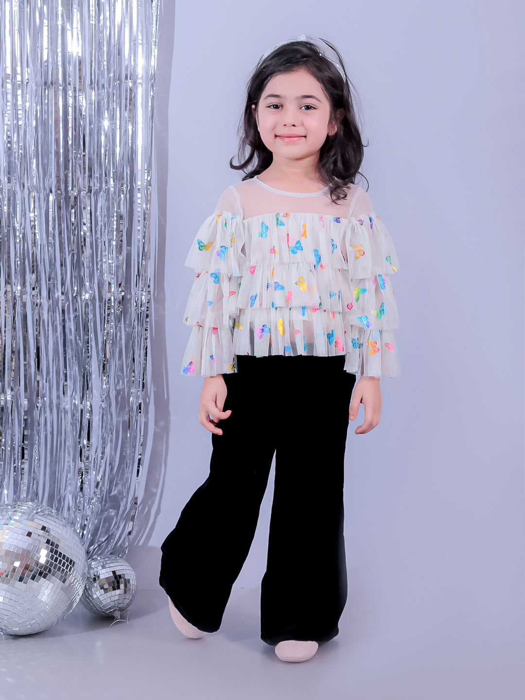 Glam Up Girls Shimmer White Butterfly Print Party Top with Pant Co-ordinate Set