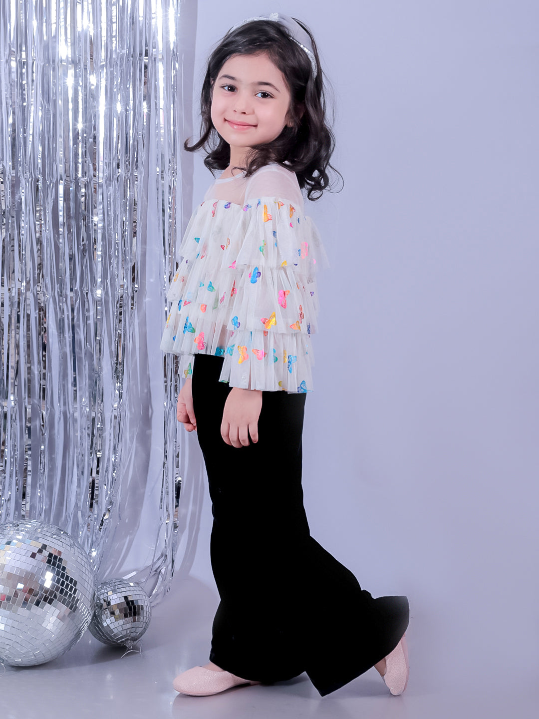 Glam Up Girls Shimmer White Butterfly Print Party Top with Pant Co-ordinate Set