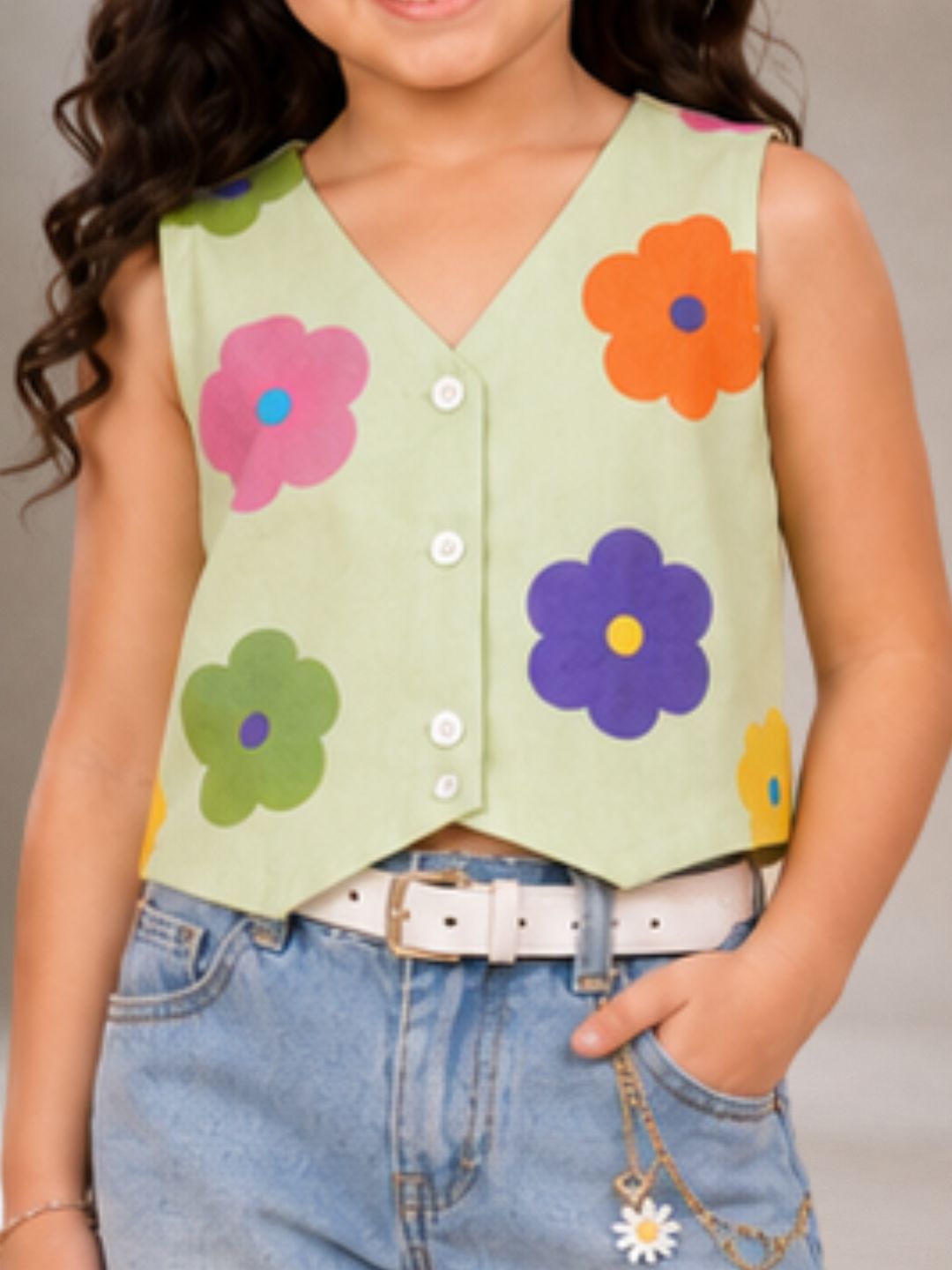 Petal Play Girls Floral Green Top