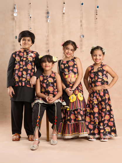 Jaipur Girls Black Cotton Top with Pant Co-ordinate Ethnic Set