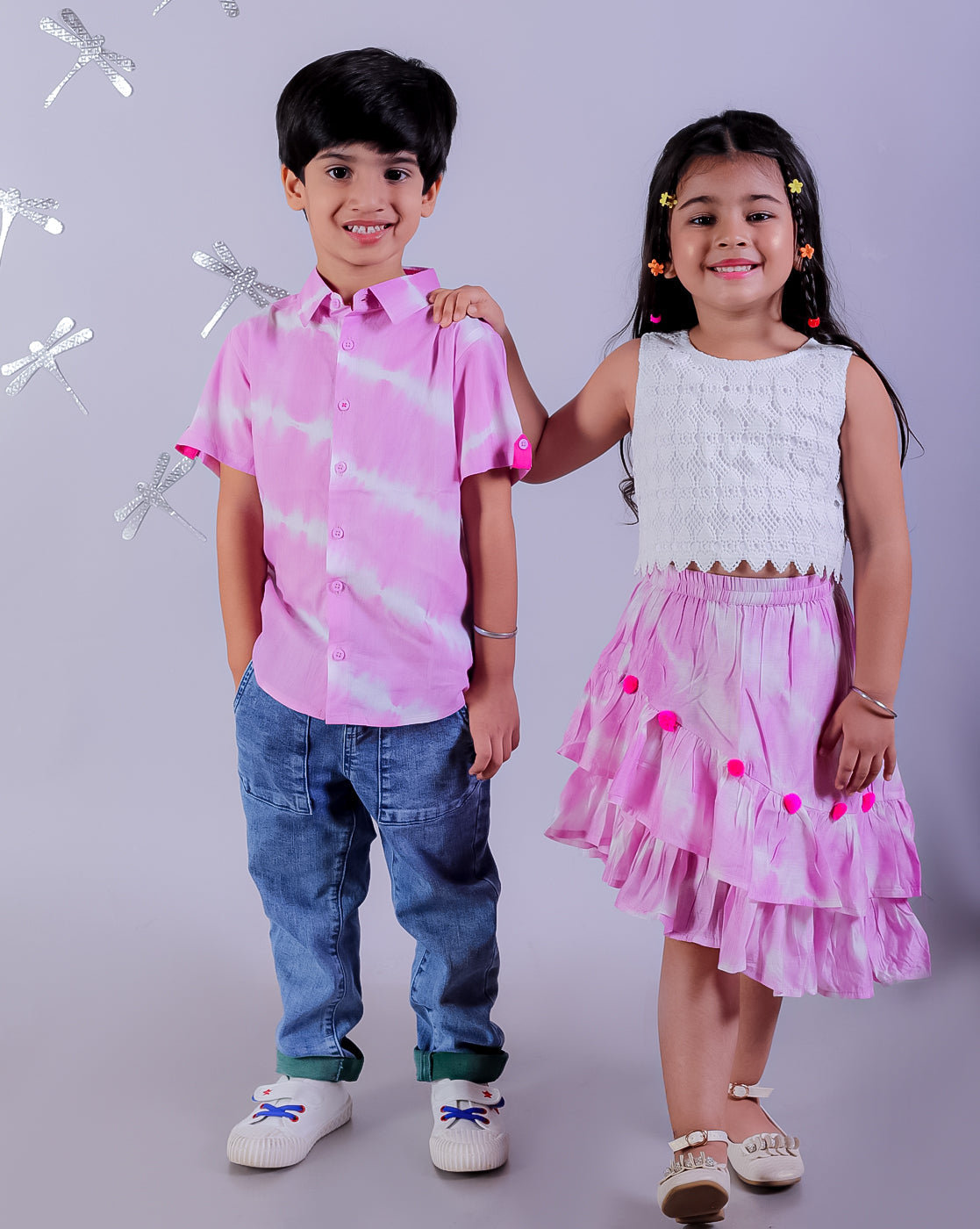 Shibori Print White Top with Pink Skirt Set For Girls