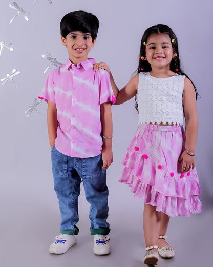 Shibori Print White Top with Pink Skirt Set For Girls