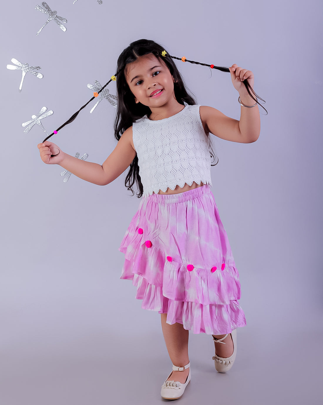 Shibori Print White Top with Pink Skirt Set For Girls
