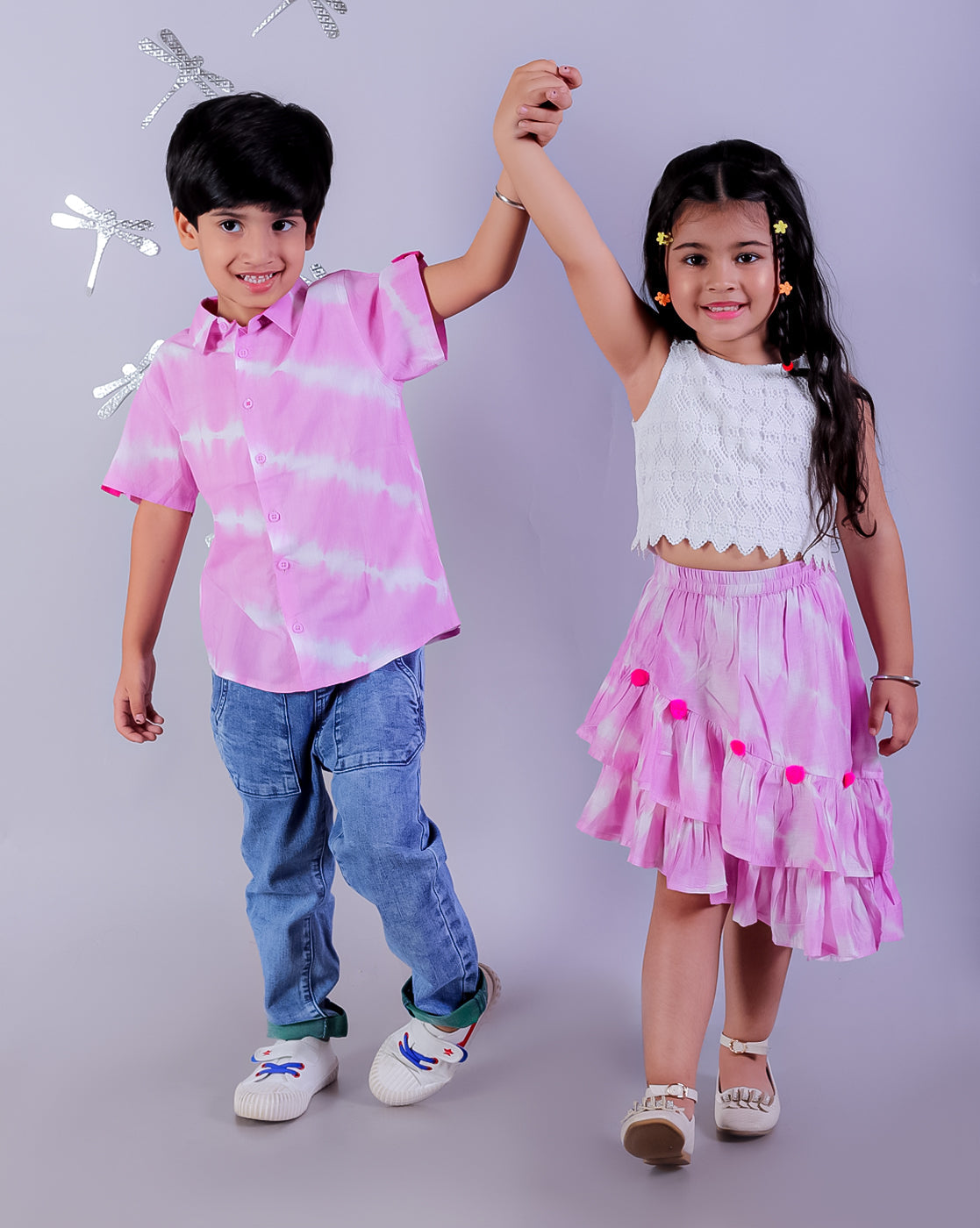 Shibori Print White Top with Pink Skirt Set For Girls