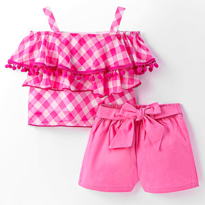 Girls Coord sets , Stylish checks tiered Top with shorts