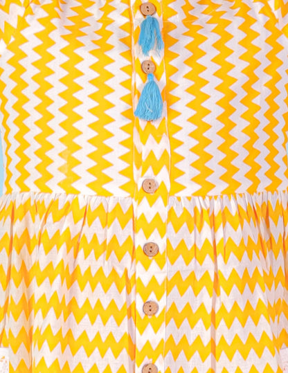 Girls printed striper cotton dress with tassles and Rick rak lace