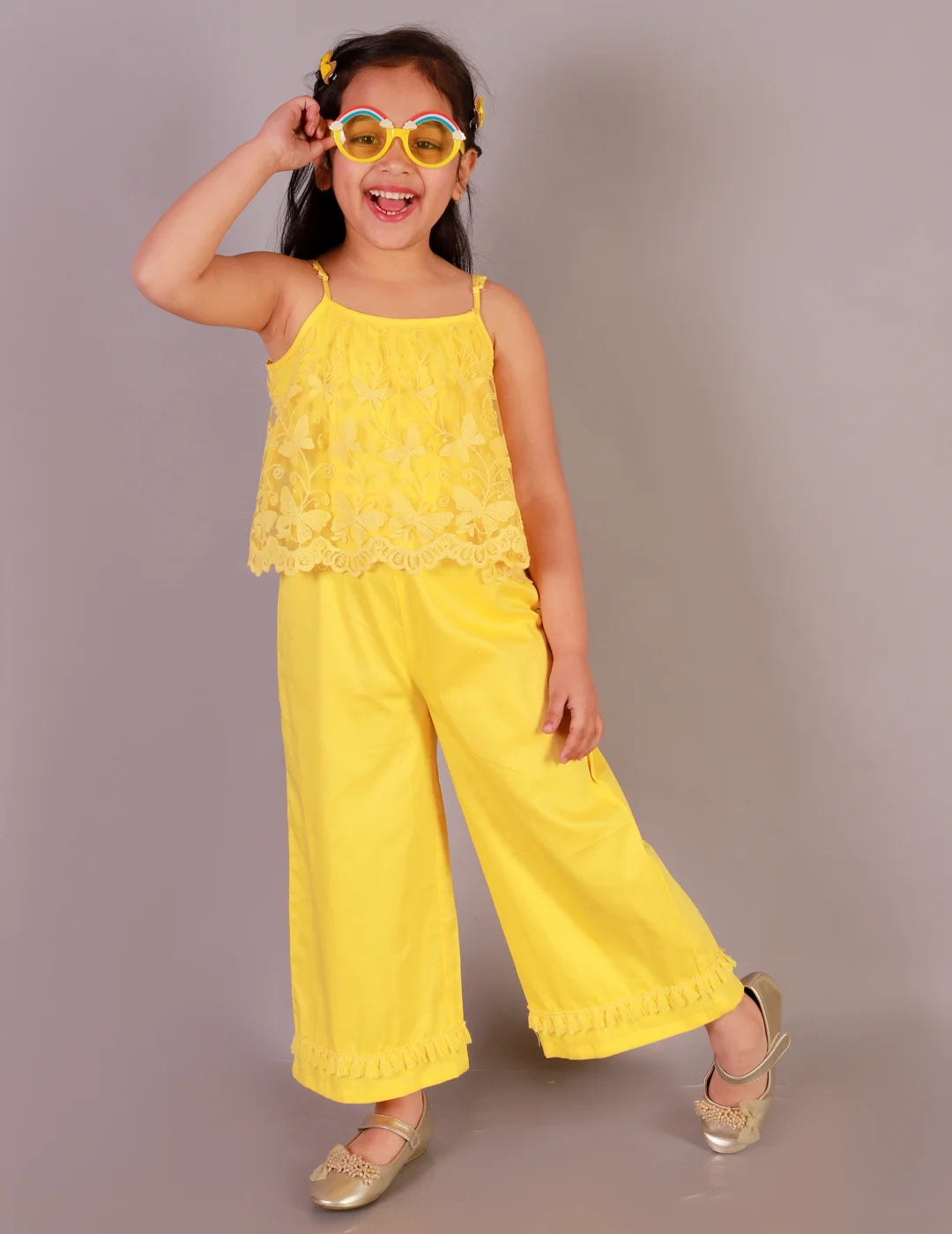 Girls Cotton satin Spagetti Jumpsuit with Lace Cape