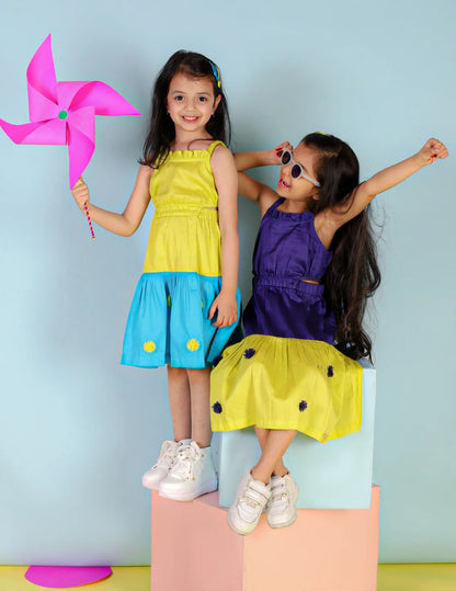 Girls Stylish and Trendy Cotton satin Teired Dress with 3d clowers ar hem