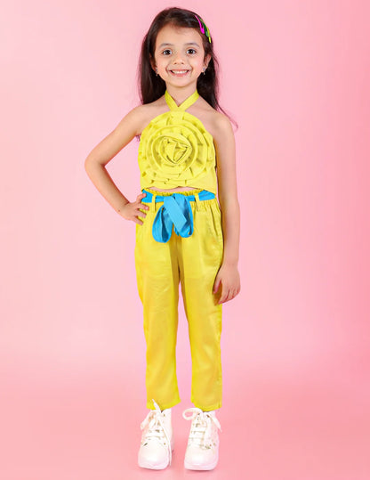Girls Stylish and Trendy Cotton satin 3D Rose on Yoke Halter neck Top with pants