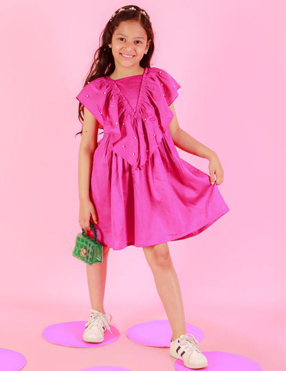 Girls Stylish and Trendy Cotton satin Ruffle on neck and back Dress with pearls