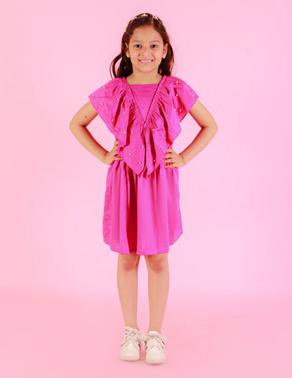Girls Stylish and Trendy Cotton satin Ruffle on neck and back Dress with pearls