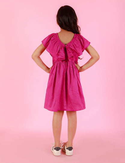 Girls Stylish and Trendy Cotton satin Ruffle on neck and back Dress with pearls