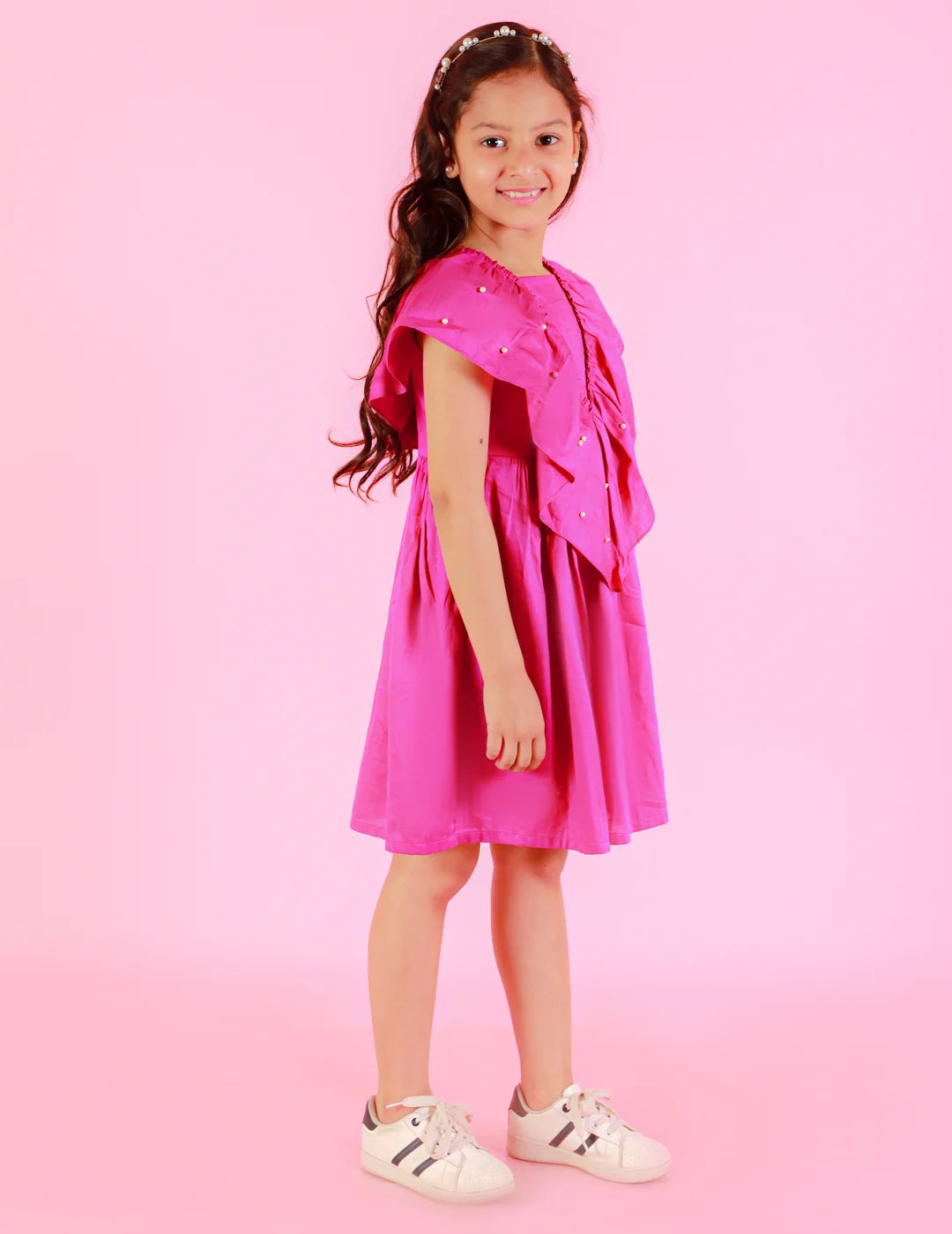 Girls Stylish and Trendy Cotton satin Ruffle on neck and back Dress with pearls