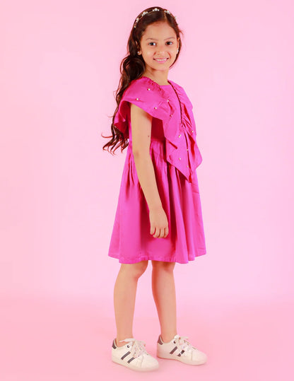 Girls Stylish and Trendy Cotton satin Ruffle on neck and back Dress with pearls