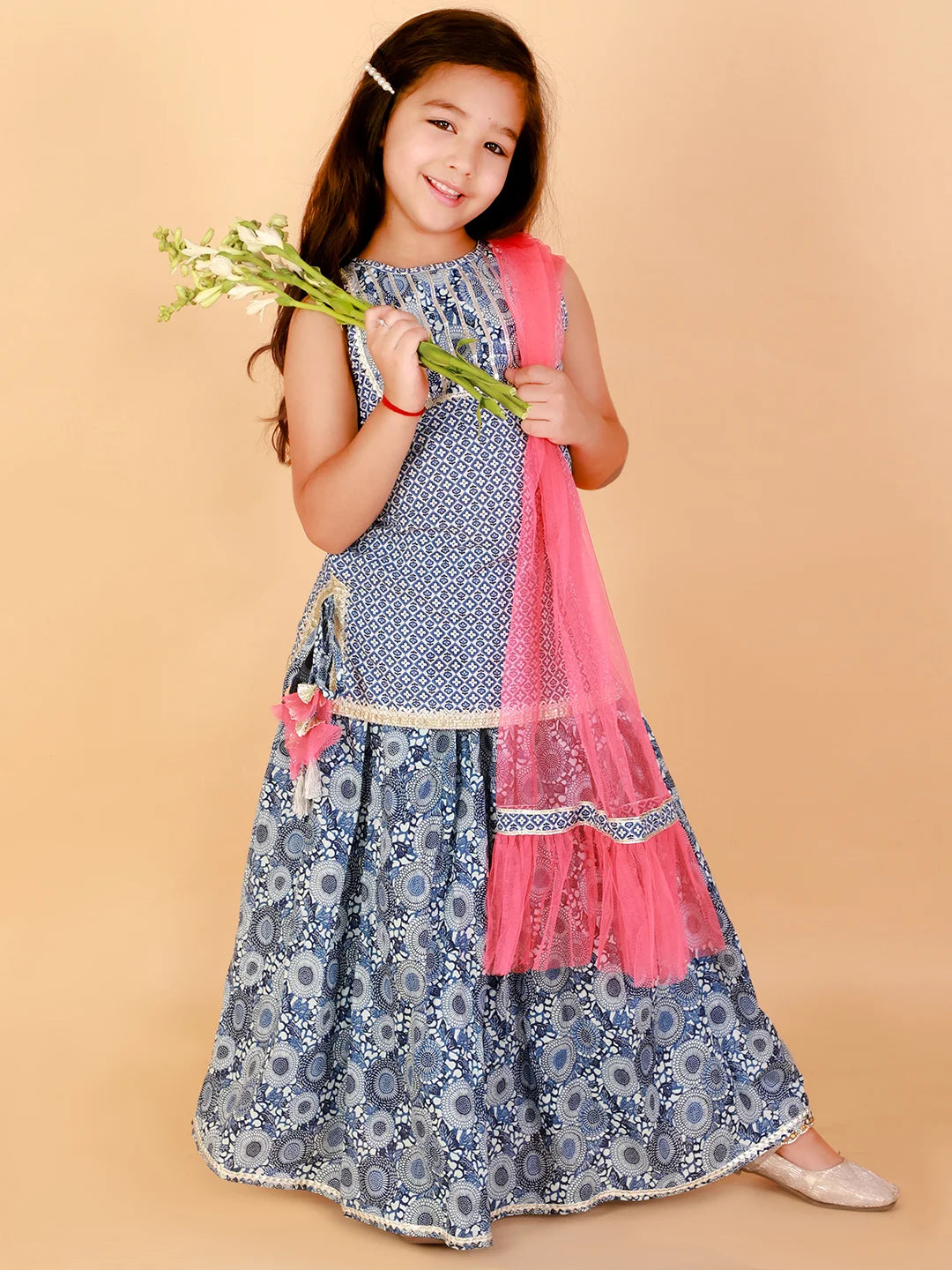 Girls stylish Folklore printed kurta with ghaghra &amp; dupatta set