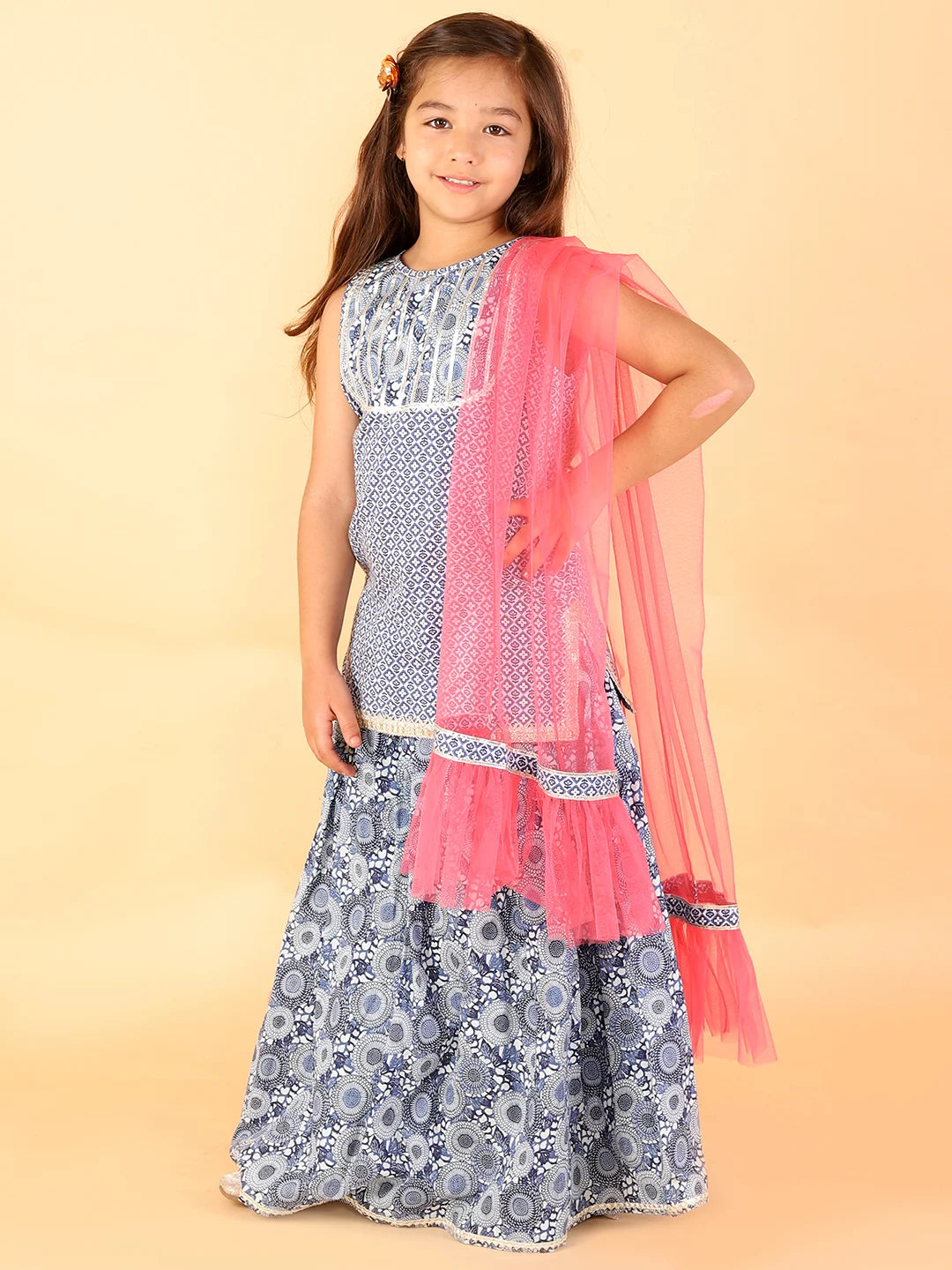 Girls stylish Folklore printed kurta with ghaghra &amp; dupatta set