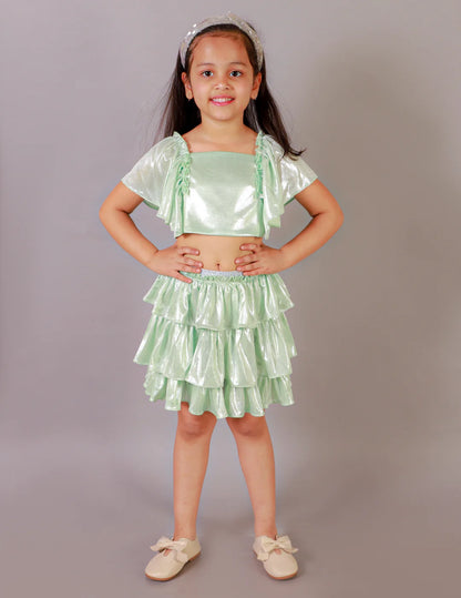 Girls Coord sets, Stylish Foil printed Ruffle sleeve Top with Tiered Skirt